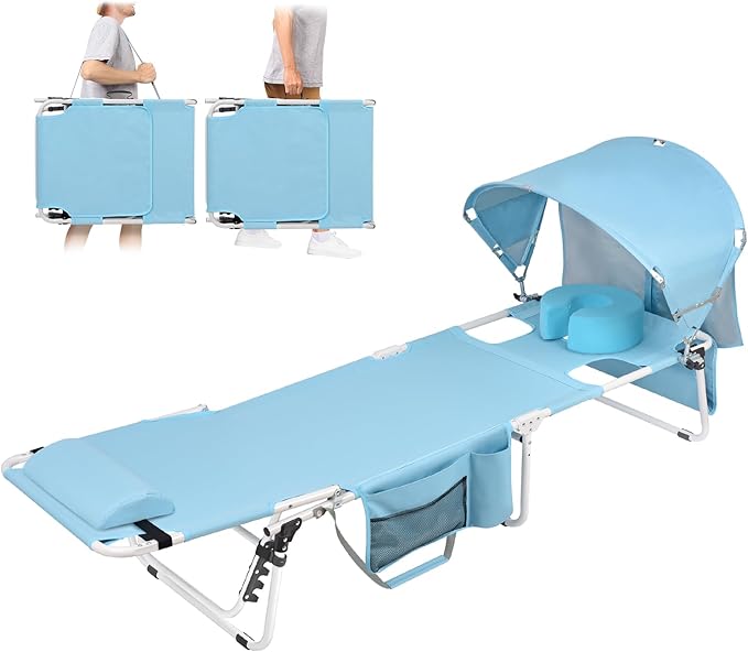 Oversized Extra Wide Tanning Chair with Sun Canopy Face Hole Padded Adjustable Washable, Heavy Duty Layout Folding Lounge Chair for Outside Beach Reading Sunbathing, UPF 50+, XL, Plus Size, 330 LBS