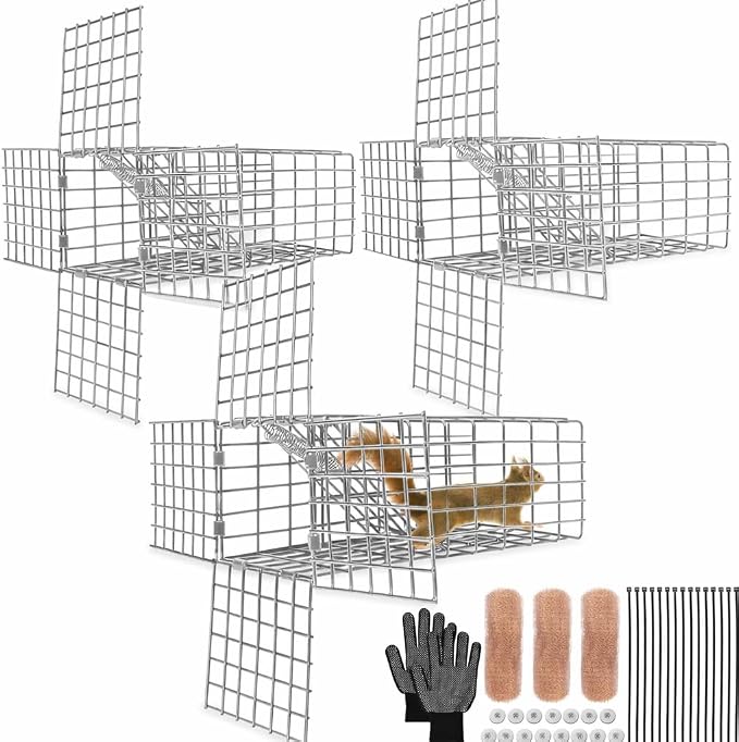 3Sets One Way Squirrel Door Excluders, 3 × 3 × 9inch Animal Excluder Cage, Humane Squirrels, Chipmunks Contactless Excluder, for Outdoor Spaces Like Attics, Chimneys - Includes Full Installation Kit