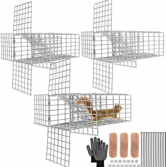 3Sets One Way Squirrel Door Excluders, 3 × 3 × 9inch Animal Excluder Cage, Humane Squirrels, Chipmunks Contactless Excluder, for Outdoor Spaces Like Attics, Chimneys - Includes Full Installation Kit