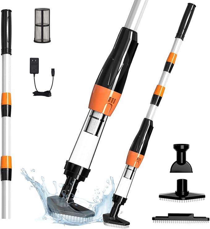 4 in 1 Cordless Rechargeable Small Pool Vacuum spa hot tub 90 Mins Running Time, 12 Gallons/Min Powerful Suction (Black Orange)