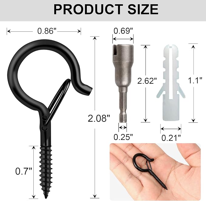 FSAH 50 Pack Screw-in Hooks for Outdoor String Lights, Q Hangers Light Outside, Swivel Hanging Basket Patio with Safe Buckle Screw in Planter Eye Hook Wall Ceiling, Black