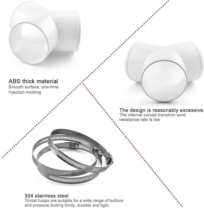 Duct Splitter, ABS Duct Connector for Exhaust Fan Dryer Vent Hose 6 Inch Dia Come With 3 Pieces Stainless Steel Hose Clamps (6 Inch Y Shape)