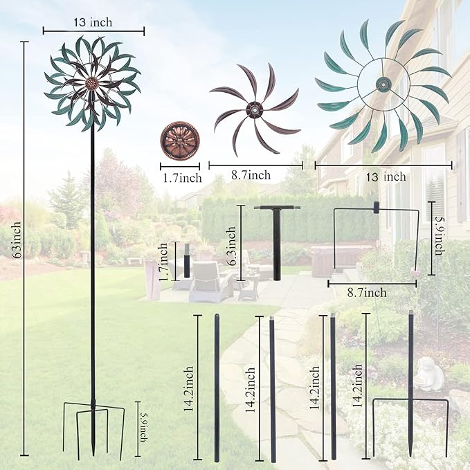 VEWOGARDEN 360° Outdoor Wind Spinner, Wind Sculpture Spinner with Metal Stake, Yard Art Decor for Patio, Lawn & Garden 63 * 13