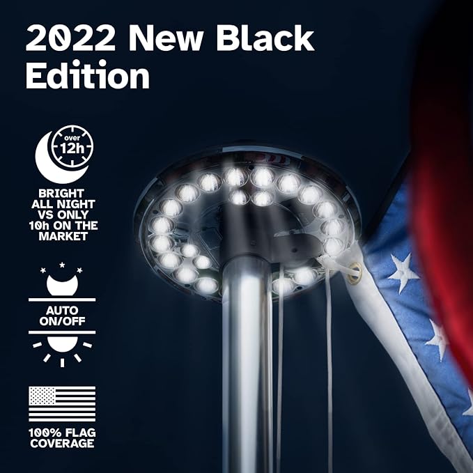 Deneve Deluxe Solar Powered Flagpole Lamp – Dusk to Dawn 12+ Hours, 26 LED, 1300 Lumen Outdoor Lighting for American Flag, Garden Decor, House Decor, 100% Coverage Black Model