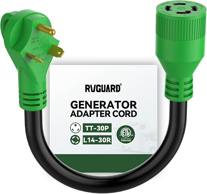 RVGUARD 30 Amp to 30 Amp Generator Adapter Cord 12 Inch STW, TT-30P Standard Male Plug to L14-30R Locking Female, Green