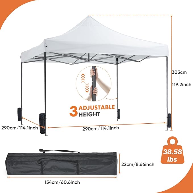 OLIXIS 10x10 Ft Pop Up Canopy Tent, Waterproof Portable Outdoor Shade Canopy with Sand Bags for Beach, Backyard Parties & Events, Pure White