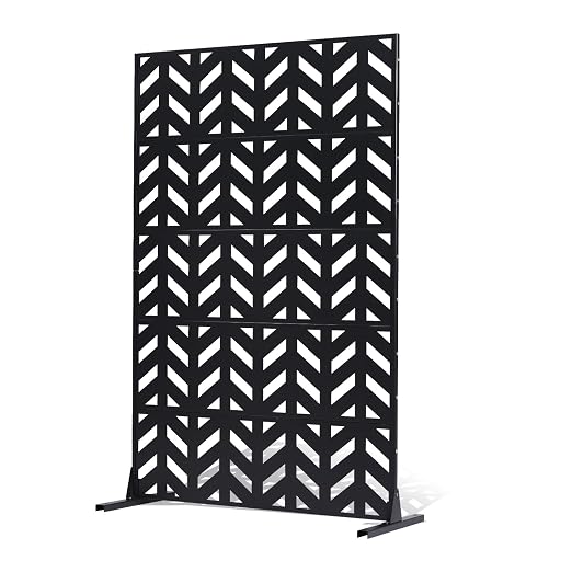 VEVOR Metal Privacy Screen, 47" W x 72" H, Outdoor Privacy Screens 5-Panel, Freestanding Outdoor Divider with Stand, Decorative Garden Steel Privacy Fence for Balcony Patio Indoor Room Black