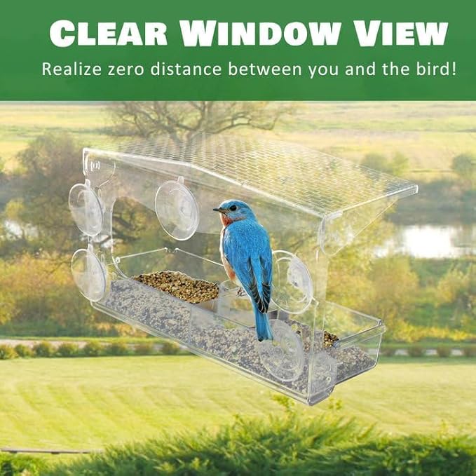 Clear Window Bird Feeder with 5 Extra Strong Suction Cups, Acrylic Wildlife Seed Feeder， as an Outdoor Transparent Bird Watching Gift, Easy-to-Clean, Garden Decor，Middle Size