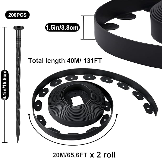 Garden Edging Borders 1.5IN x 131FT,Landscape Edging Black with 200pcs Plastic Stakes, Lawn Edging Flexible DIY Fence for Landscaping,Flower Bed,Grass,Gravel,Tree Surrounding