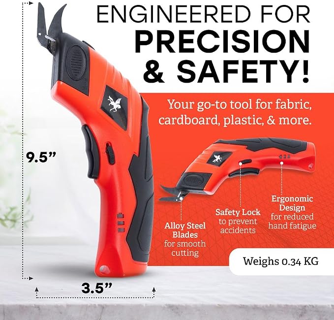 Cordless Electric Scissors - Rechargeable Cutting Tool for Fabric, Cardboard, Plastic, Paper, Leather - Detachable Blade, Ergonomic Grip, Safety Lock - Includes 2 Extra Cutter Head & USB Cable