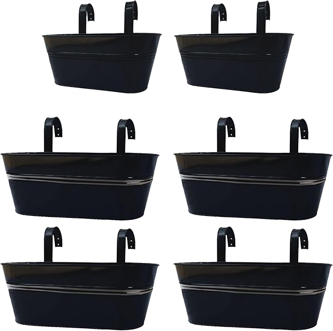 LaLaGreen Bundle- 2 Pack,11.8 Inch + 4 Pack, 15 Inch Black Metal Pot Hanging Window Flower Boxes with Hook Herb Succulent Bucket Outdoor Railing Fence Deck Balcony Patio Porch Modern Boho Garden Style