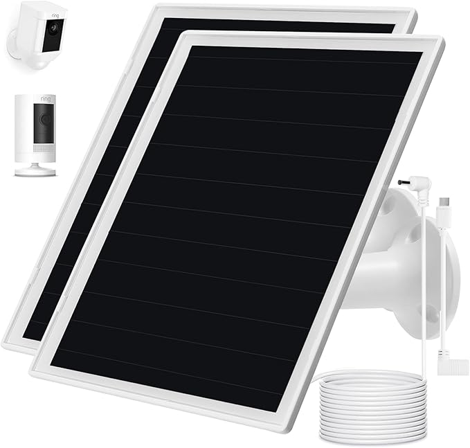 Solar Panel Charger for Ring Camera, Compatible with Ri ng Stick Up Cam Battery, Ring Spotlight Plus/Pro Battery,Waterproof, 5V 6W Fast Charging (White-2Pack)