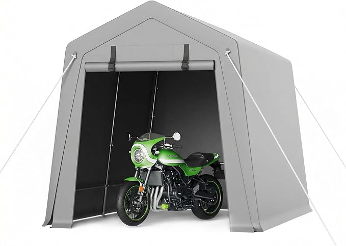 GarveeHome 7 x 10 Ft Carport Storage Shed, Portable Garage with Roll-Up Zipper Door, Heavy Duty Waterproof Tarp, Storage for Motorcycle, Bike, Firewood, Garden Tools, Grey