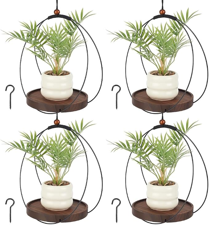 4pcs Circle Plant Hanger, Adjustable Height Hanging Planters with Sturdy Wooden Base & Planter Basket Holder, Modern Boho Flower Pot Plant Display Decor for Indoor Wall Ceiling Window