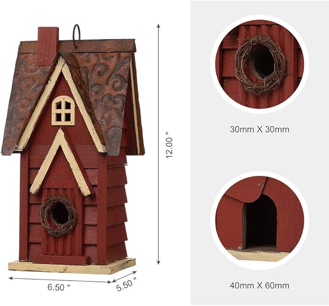 Glitzhome Blue Bird House, 12" H Solid Wood Bird House for Outside, Distressed Cottage Garden Decorative Birdhouse Hanging Bird House for Outdoors,Red
