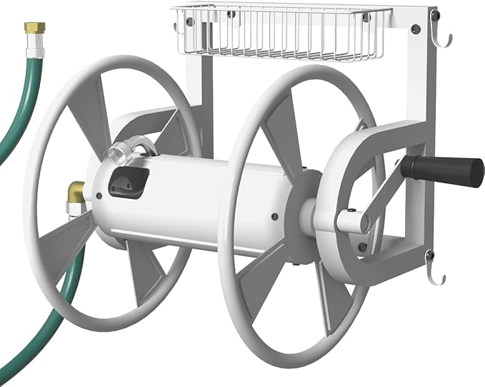 Artigarden Outdoor Wall Mounted Hose Reel with Hook, Garden Heavy-Duty Water Hose Holder Winder with 3.9 ft Leader Hose, Brass Fitting and Storage Basket for Yard, Holds 125 Ft of 5/8-Inch Hose, White