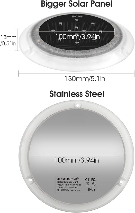 SHONELIGHTING Solar Dock Lights Outdoor Waterproof, Flat Low Profile Disc LED for Deck, Driveway, Ground & Pathway, Anti-Slip & Anti-Trip (Warm White, 12Pack)
