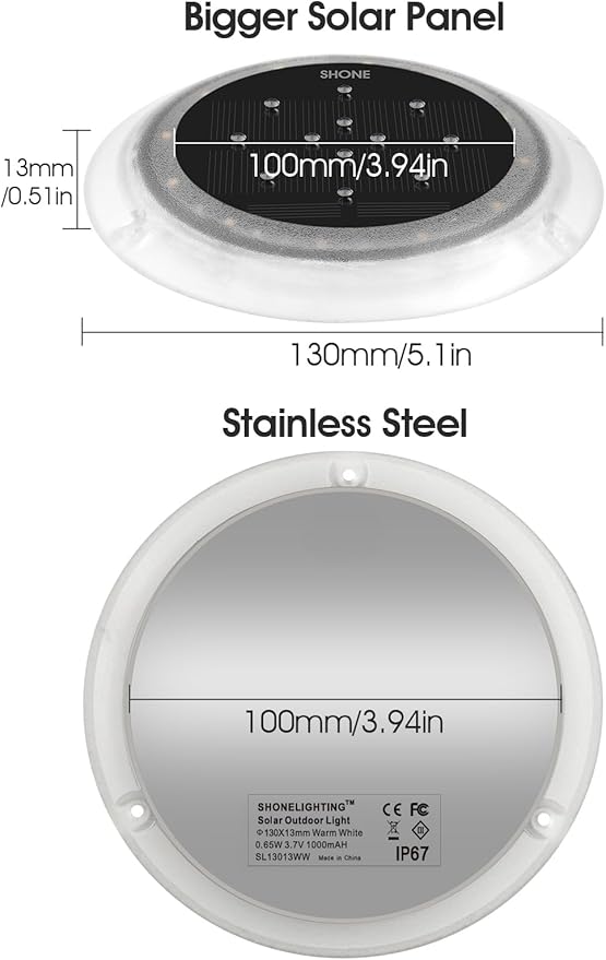 SHONELIGHTING Solar Dock Lights Outdoor Waterproof, Flat Low Profile Disc LED for Deck, Driveway, Ground & Pathway, Anti-Slip & Anti-Trip (Warm White, 6Pack)