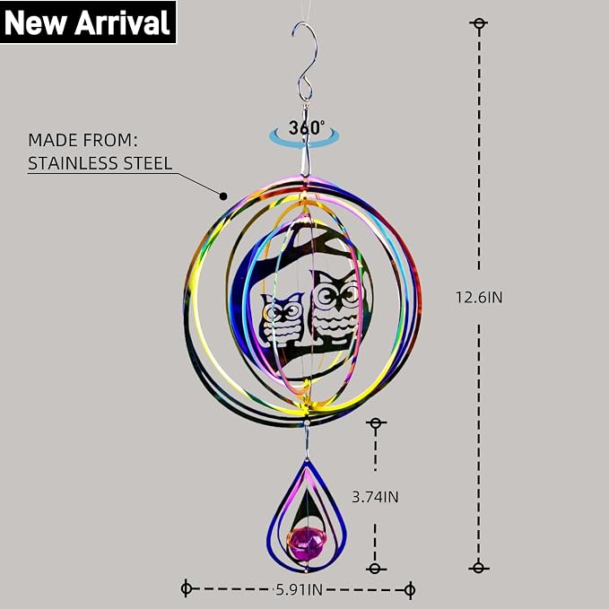 Stainless Steel Owl Reflective Spinners Deterrent Scarecrows to Scare Keep Woodpecker Pigeon Hawk Away from House Rainbow Wind Spinners for Outside Outdoor Gifts for People with Dementia Sun Catcher