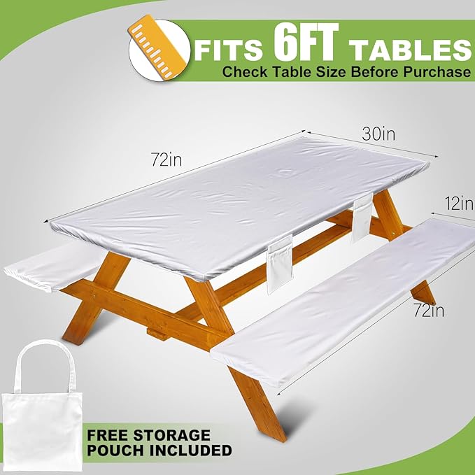 Picnic Table Cover with Bench Covers Vinyl Elastic Edges Fitted Rectangle Seat Tables Waterproof 3-Piece72X30in Set Outdoor Rectangular Folding Backing Tablecloth for Camping Over Size