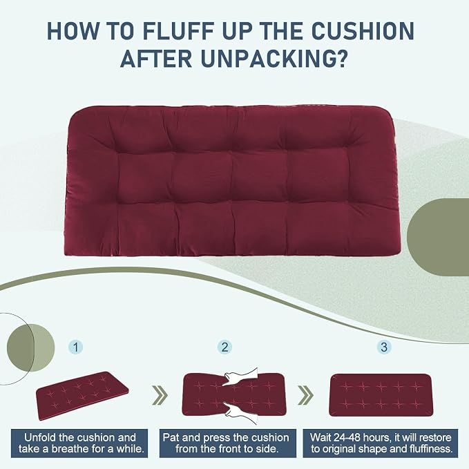 downluxe Outdoor Bench Cushion for Patio Furniture, Water Resistant Tufted Overstuffed Porch Swing Cushions, Thick Outdoor Loveseat Cushions, 44" X 19" X 5", Burgundy, Set of 1