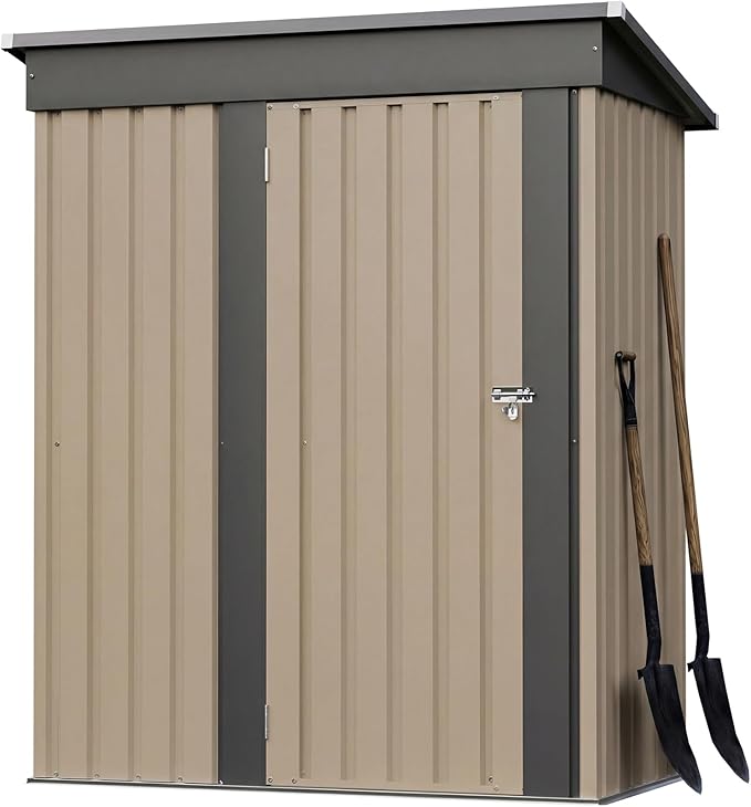 Greesum 5x3FT Outdoor Storage Shed with Base, Utility Tool Shed with Sloping Roof, Metal Storaged Garden Shed with Door & Lock for Patio Storage, Brown