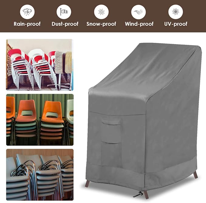 Vailge Stackable Patio Chair Cover,100% Waterproof Outdoor Chair Cover, Heavy Duty Lawn Patio Furniture Covers,Fits for 4-6 Stackable Dining Chairs,36"Lx28"Wx47"H,Grey