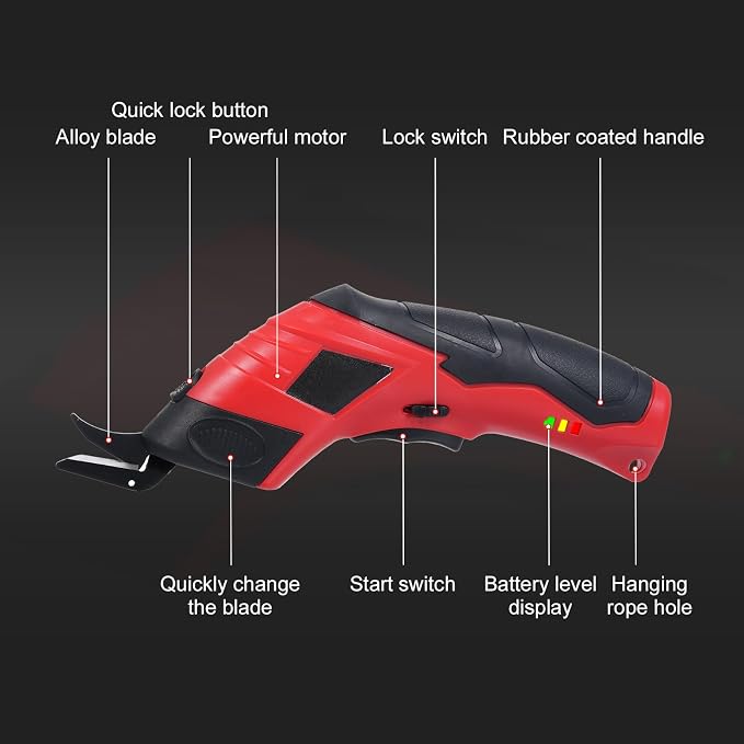 Cordless Scissor with 3pcs Replaceable Blades, Power Shears with 4.2V 2000mAh Rechargeable Lithium-Ion Battery for Fabric Leather Carpet Plant Stems Rigid Cardboard PVC Plastic Board