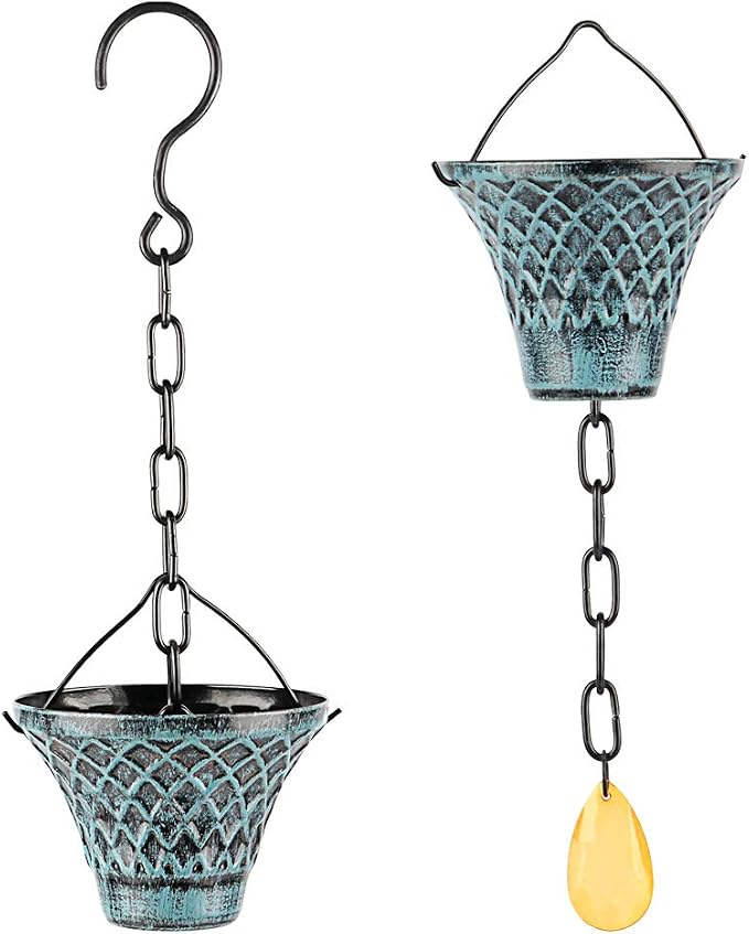 Rain Chains for Gutters Outside Downspouts Rain Catcher Diverter Metal Blue Plaid Outdoor Decorative, 8.5 FT