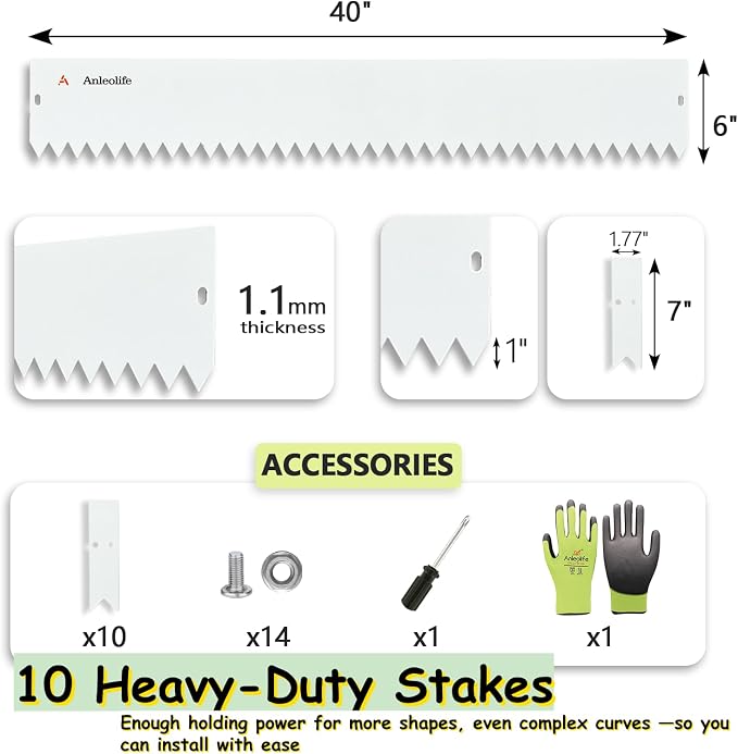 A ANLEOLIFE 20FT Galvanized Steel Landscape Edging, 6-Pack 40" L x 6" H Hammer-in Metal Garden Border with 10 Stakes for Lawn, Pathway, Flower Beds – White