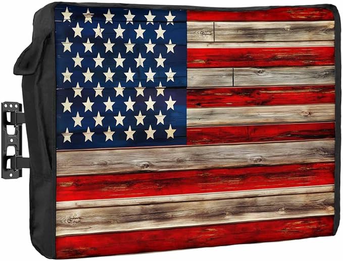 American Flag Outdoor TV Cover 70 to 75 Inches Weatherproof & Waterproof, Red Striped Blue Star Outdoor TV Enclosure with Remote Control Pocket, Vintage Wooden TV Screen Protectors for Outside TV