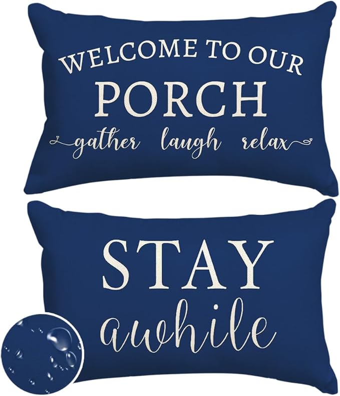 RABUSOFA Welcome to Our Porch Decor Outdoor Pillow Covers Waterproof,12x20 Set of 2 Blue and Cream Stay Awhile Relax Lumbar Cushion Case Decorations for Patio Couch (Blue)