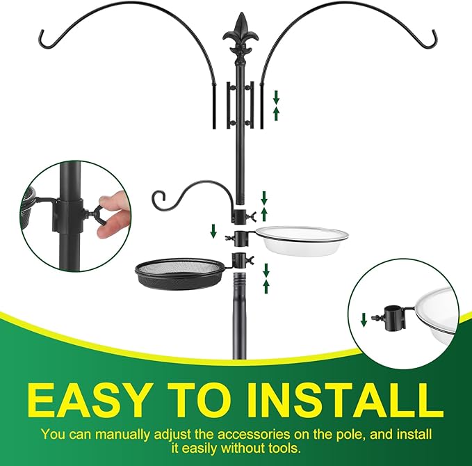 MorningRo Adjustable Shepherd Hook Stand, 34"- 55" Black Iron Shepherd Hook with Base for Plant Hanging, Wind Chime & Bird Feeder - Outdoor Garden Porch Decoration(Classic Style)