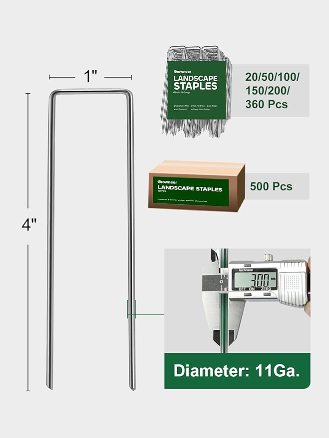 GROWNEER 50 Pack Landscape Staples 4 Inch 11 Gauge Heavy Duty Hot-Dip Galvanized Steel Garden Stakes U-Shaped Weed Barrier Spikes Metal Ground Pins for Lawn and Yard Landscaping