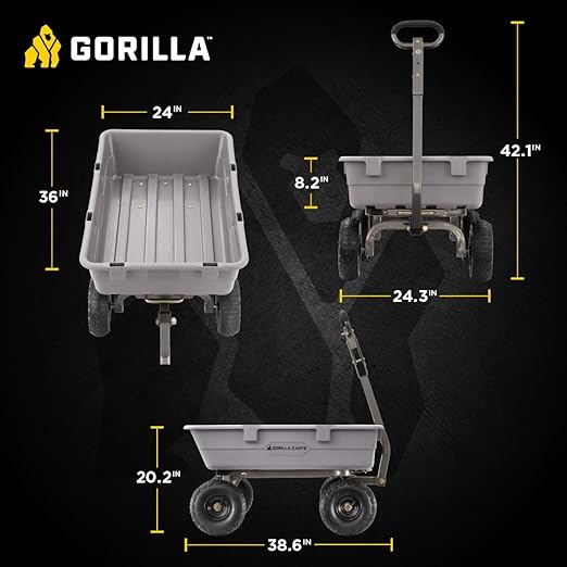 Gorilla Carts Heavy-Duty Poly Dump Cart, 5 Cu Ft Tub, 800 lb Haul Capacity, Gray – Towable Utility Wagon with Quick-Release Dumping & Pneumatic Tires for Yard, Landscaping and Gardening