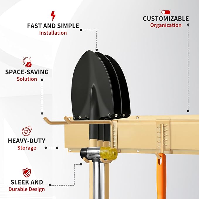 SMILECAT Wall-Mounted Garage Tool Storage & Organization Products.2Panels 6Hooks Carries 675 lbs,33in Storage Rack With Adjustable Heavy Duty Hanging Hooks.Perfect for Shovel,Yard Tools and Shed.Gold