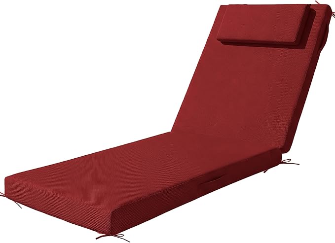 Outdoor Chaise Lounge Cushions, 72x21 Inch Olefin Water & Fade Resistant Pool Lounge Chair Cushions, Patio Sun Lounger Pad with Pillow & Straps for Patio, Pool, Deck, Lawn, Wine Red