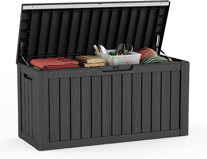 80 Gallon Deck Box, Waterproof Resin Outdoor Storage Box Lockable for Patio Furniture, Fade Resistant Patio Side Table & Organizer for Garden Tools, Pool Floats, Outdoor Cushions, Black