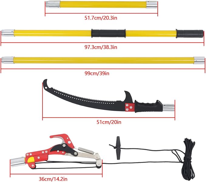findmall 27ft Manual Pole Saw Extendable Tree Pruner Sharp Steel Blade and Scissors High Branches Trimming for Pruning Palms and Shrubs with 8 Long Handles Orange