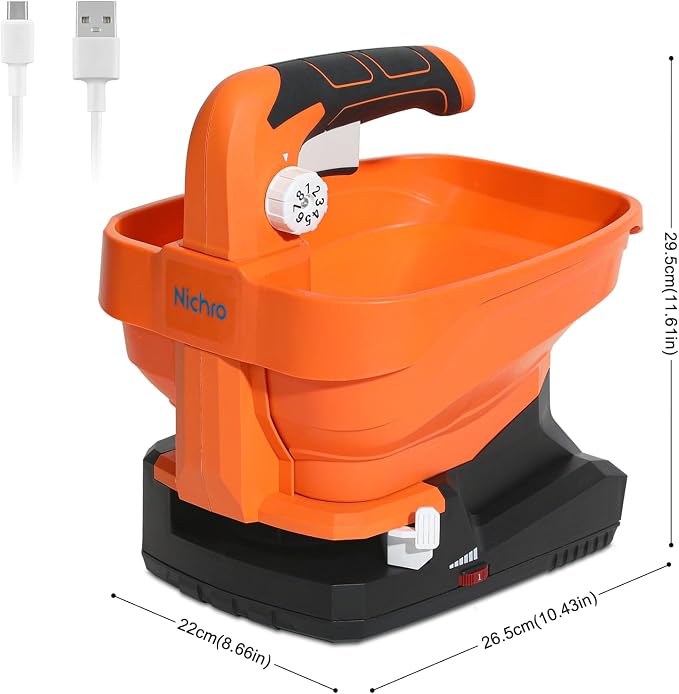 Electric Seed & Fertilizer Spreader, Type-C Rechargeable Handheld Lawn & Salt Spreader, 6 Speeds & 8 Flow Settings, 3.3L Capacity, 16.5 ft Wide Spread for Grass Seed & Ice Melt (Battery Included)