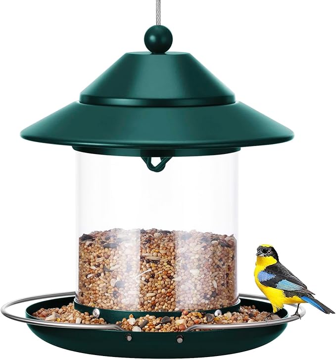 Bird Feeder, Hanging Metal Bird Feeders for Outdoors with 2LB Clear Tube Seed Capacity for Viewing Cardinal Finch, Chew Proof Wild BirdFeeders for Outside Garden Yard Decoration
