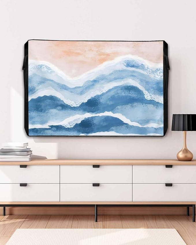 Outdoor TV Cover for Outside Flat Screen,Beach Blue Gradient Ocean Wave 600D Thick Waterproof Weatherproof Outdoor TV Screen Protector with Zipper for 40 to 43 Inch Flat Screens Abstract Geometric
