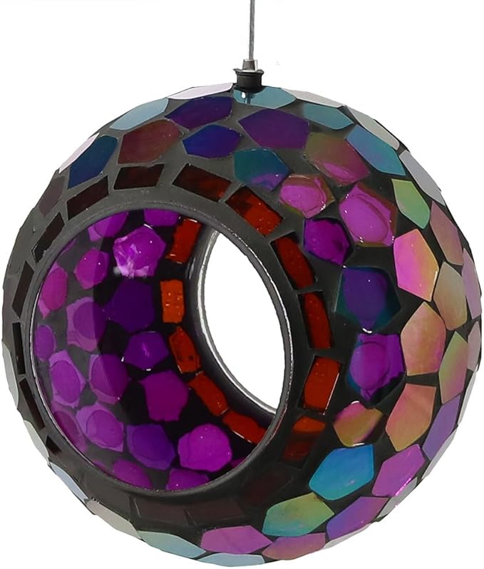 Sunnydaze 6-Inch Glass Mosaic Hanging Bird Feeder for Outdoors - Fly-Through Glass Bird Feeder for Cardinals, Jays, Finches and More - Iridescent Purple Mosaic