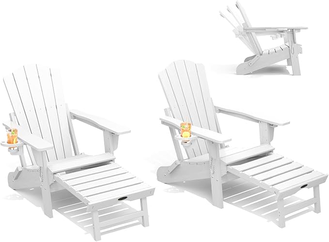 THOEOE Folding Adjustable Adirondack Chairs with Ottoman & 1 Cup Holders Set of 2, HDEP Multifunctional Adirondack Chair with Footrest,White