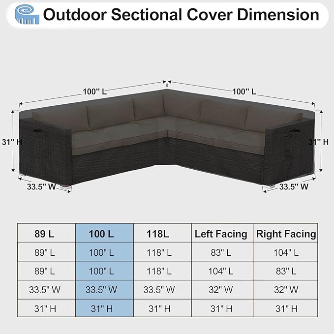 OutdoorLines Waterproof Outdoor Patio Sectional Cover - UV Resistant & Windproof V-Shaped Patio Furniture Covers for Deck, Lawn and Backyard, 420D Heavy Duty Couch Cover 100" L (on Each Side) Black