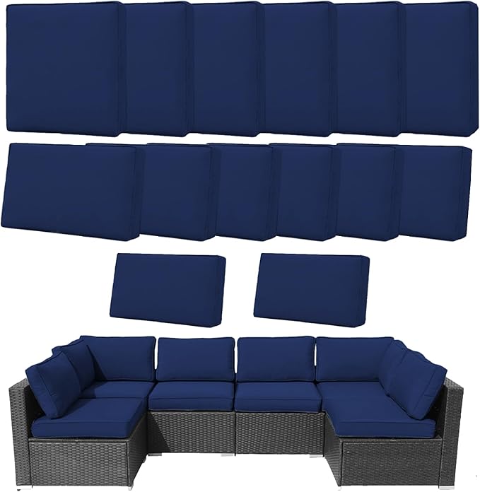 14Pcs Outdoor Cushion Covers Replacement Washable Waterproof UV w/Zipper for 6-Seaters Sofa Patio Slipcovers Set Seat and Back Covers Only (Deep Blue, 25x25x3.15inch)