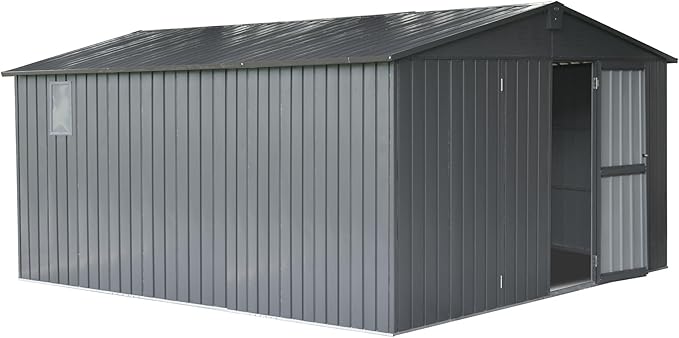 Christopher Knight Home Avonn Backyard Storage Shed 11' x 12.5' with Galvanized Steel Frame & Windows, Outdoor Garden Shed Metal Utility Tool Storage Room with Lockable Door for Patio(Dark Gray)