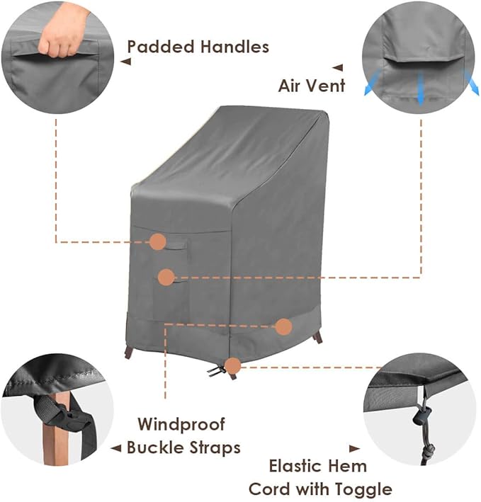 Vailge Stackable Patio Chair Cover,100% Waterproof Outdoor Chair Cover, Heavy Duty Lawn Patio Furniture Covers,Fits for 4-6 Stackable Dining Chairs,2 Pack-36 Lx28 Wx47 H,Grey