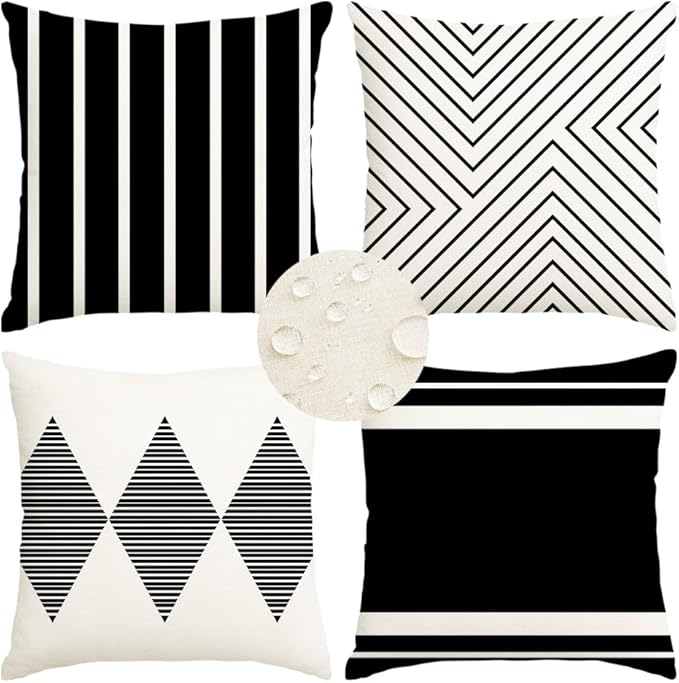 RABUSOFA Outdoor Pillows Waterproof,18x18 inch Black and White Throw Pillows Boho Set of 4 for Patio Furniture,Sunbrella Outdoor Pillow Covers for Couch(2W-18) (no Insert)