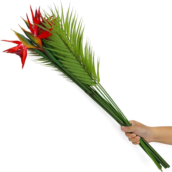 8 PCS Bird of Paradise Artificial Plant Combo Palm Leaves,4 Faux Bird of Paradise Plant with 4 Artificial Palm Leaves for Wedding Garden Office Home Indoor and Outdoor Decor(Red)